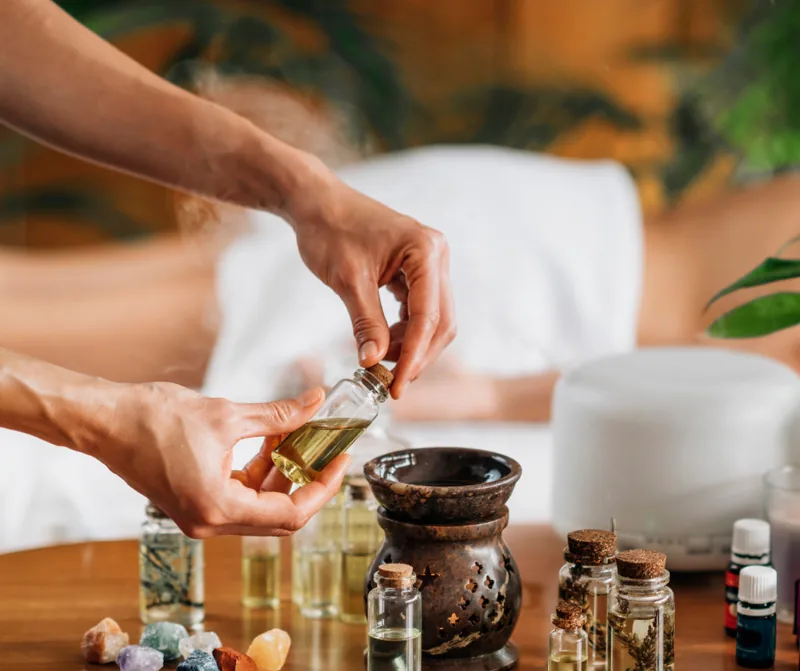 Ayurvedic oils being blended at the clinic
